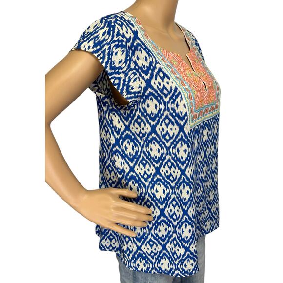2/$30 THML Embroidered Top Blue Orange Short Sleeve Boho Size M - Picture 3 of 11